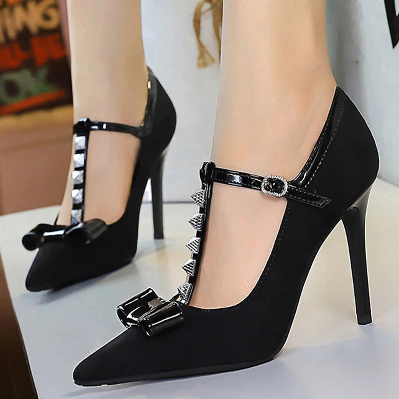 BIGTREE Shoes Rivet Women Pumps T-shaped Buckle High Heels Bowknot Stiletto Suede Women Pumps Buckle Sexy Party Shoes Women Heel