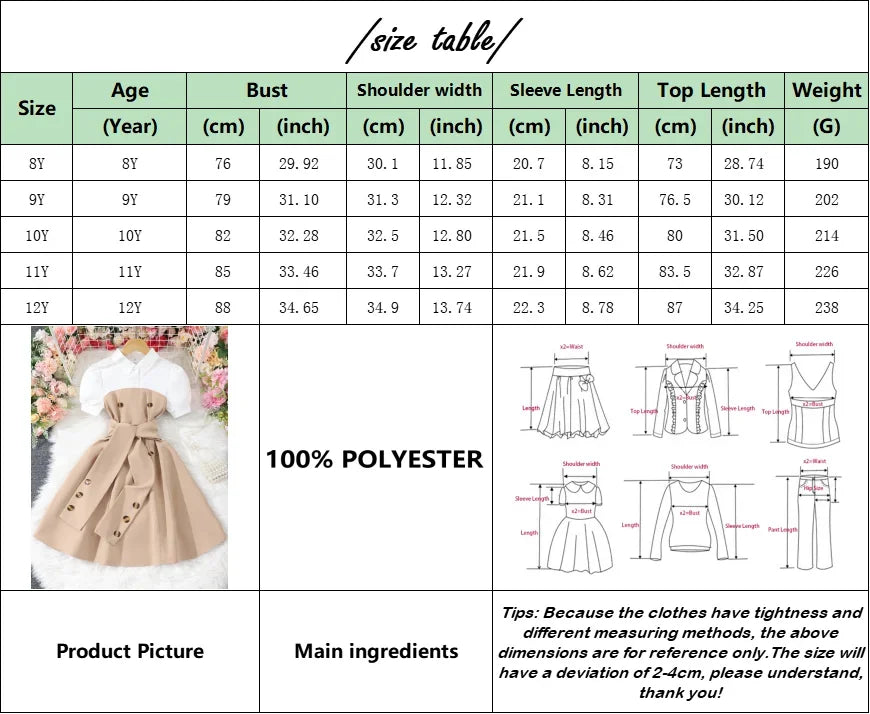 New Khaki Girl Dress Summer Casual Vacation Children Dresses Fashion Elegant Retro British Girls Party Dress 7 8 9 10 11 12 Yrs