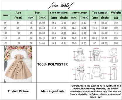 New Khaki Girl Dress Summer Casual Vacation Children Dresses Fashion Elegant Retro British Girls Party Dress 7 8 9 10 11 12 Yrs