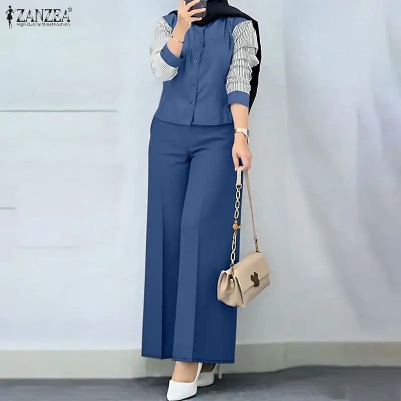 ZANZEA Women Muslim 2 Pieces Sest Hijab Tracksuit Fashion Pant Sets Summer Long Sleeve Patchwork Blouse Trousers Suit Outfits
