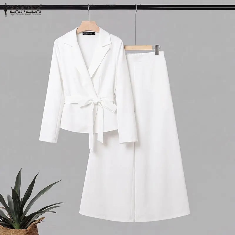 ZANZEA Women Pant Sets Elegant Office Wide Leg Pants Suit Long Sleeve Belted Solid Matching Sets Two-piece Outfits 2PCS