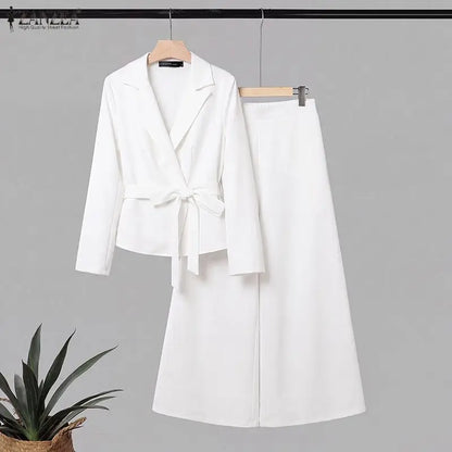 ZANZEA Women Pant Sets Elegant Office Wide Leg Pants Suit Long Sleeve Belted Solid Matching Sets Two-piece Outfits 2PCS
