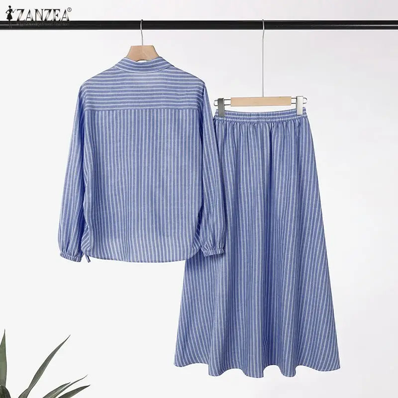 ZANZEA Muslim Hijabs Women's Striped Skirt Suits Long Sleeve Shirt & A-Line Maxi Skirt 2 Pieces Sets Islamic Woman 2pcs Outfits