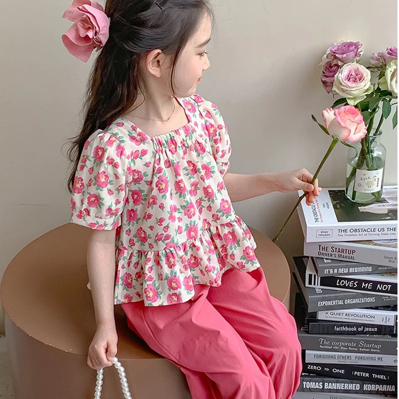 1Sets Girls Floral Print Set Kids Summer Short Sleeve Tops And Long Pants Suit Baby Fashion Costume Cute Children Leisure Sets