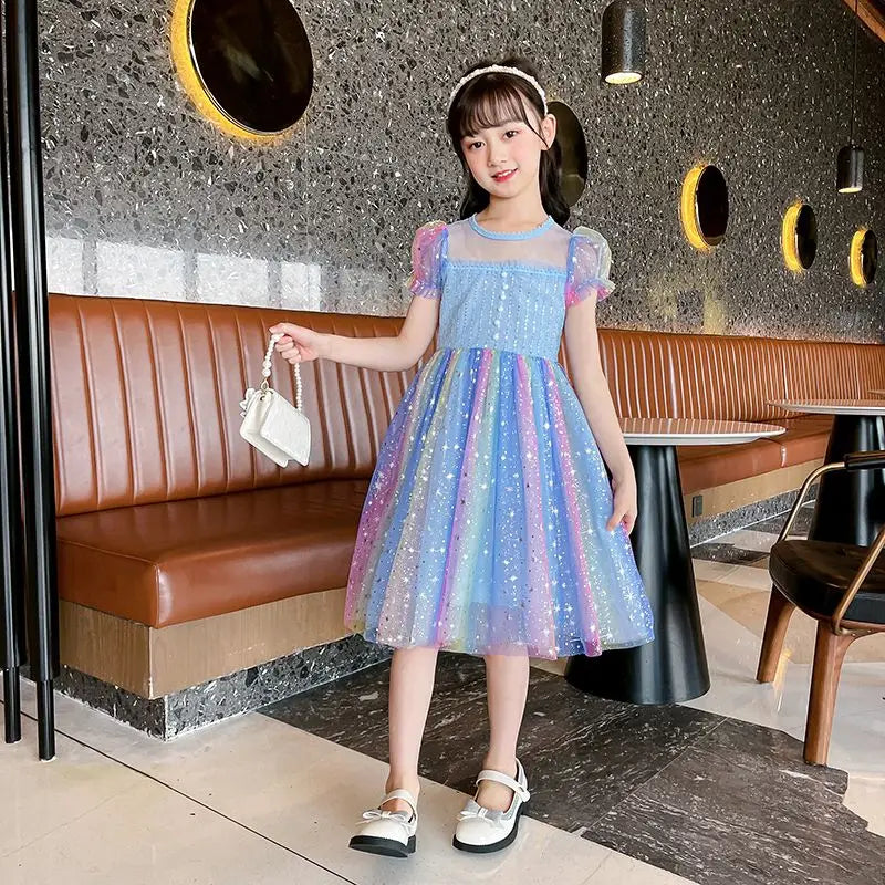 Puffy Dress Rainbow-colored Tulle Girls Holiday 2025 Beautiful Dresses Girls' Casual Kids Korean Children's Clothes Girl 8 Years