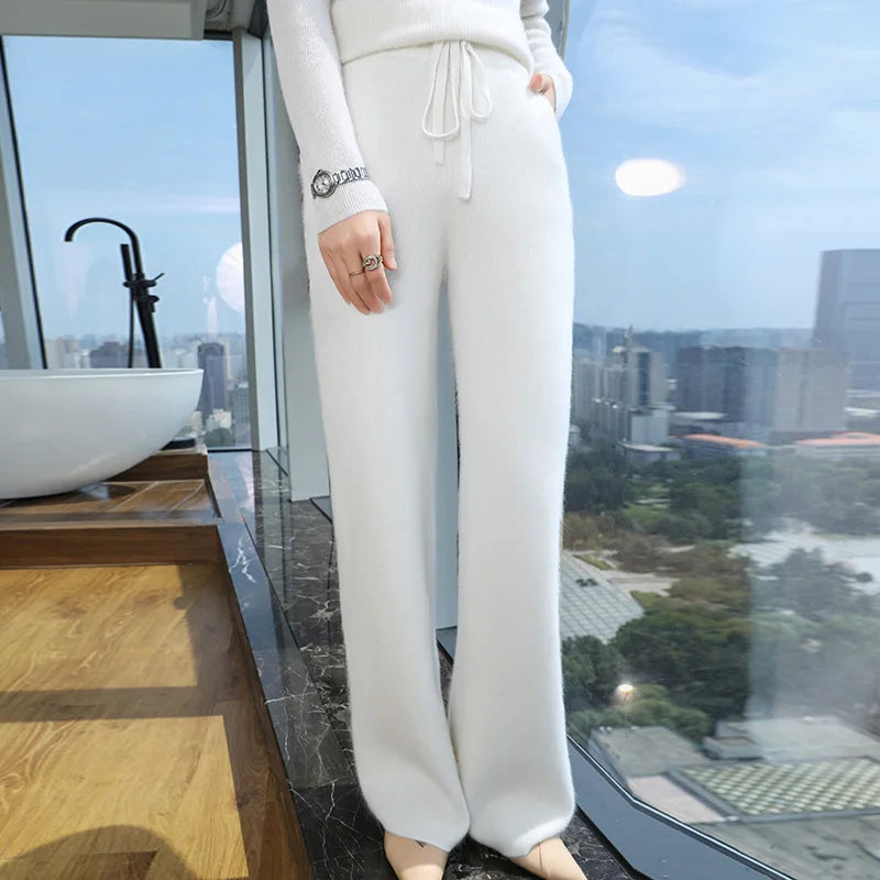 100% Pure Mink Cashmere Knit Wide-Leg Pants Women's Elastic Waist Loose Straight Trousers Leisure Thick Drawstring Mopping Pants