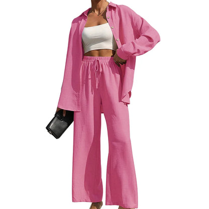 Women's Solid Button Front Shirt & Tie Front Wide Leg Pants Two-piece Set, Casual Drop Shoulder Long Sleeve Blouse Top & Trouser