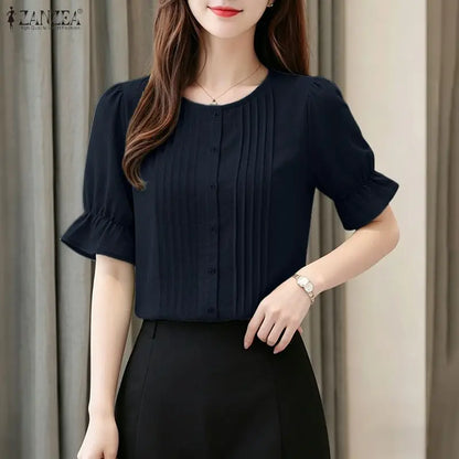 ZANZEA Women Elegant Pintuck Detailing Blouses Summer Casual Short Sleeve Tops Commute Solid Color O-Neck Button Up Blusas Mujer