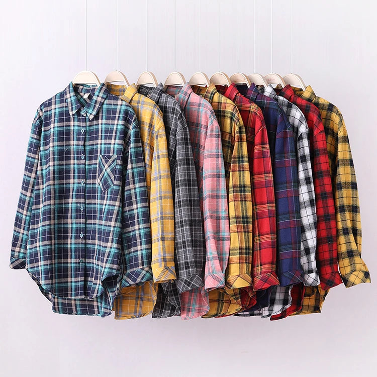 Fresh Flannel Plaid Shirt Women 2026 New Female Blouses and Tops Cotton Loose Long Sleeve Casual Shirts Fine Women's Clothes