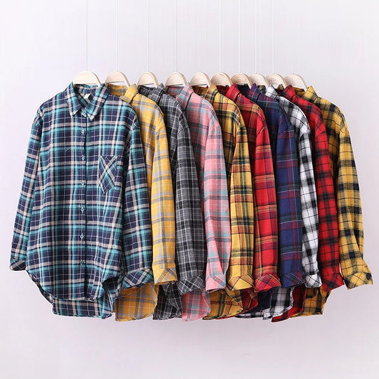 Fresh Flannel Plaid Shirt Women 2026 New Female Blouses and Tops Cotton Loose Long Sleeve Casual Shirts Fine Women's Clothes