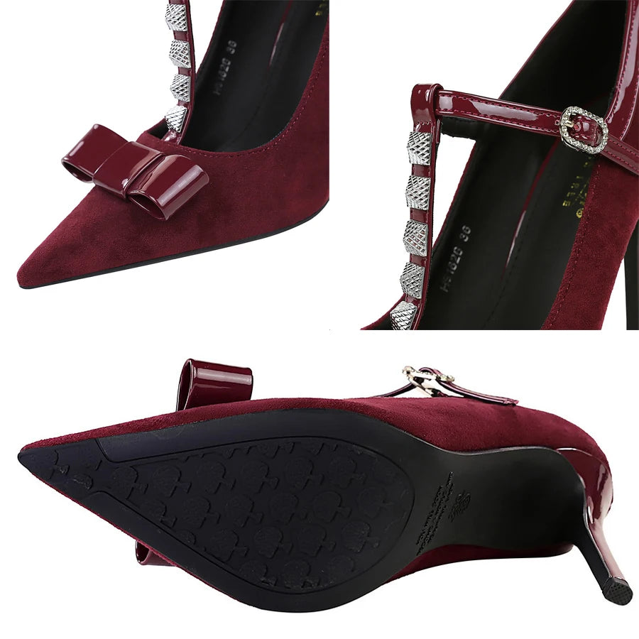 BIGTREE Shoes Rivet Women Pumps T-shaped Buckle High Heels Bowknot Stiletto Suede Women Pumps Buckle Sexy Party Shoes Women Heel