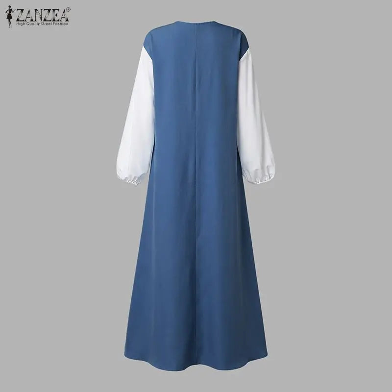 Women Patchwork Muslim Abaya Dress ZANZEA Ramadan Robe Stylish O Neck Long Sleeve Loose Sundress Casual Kaftan IsIamic Clothing