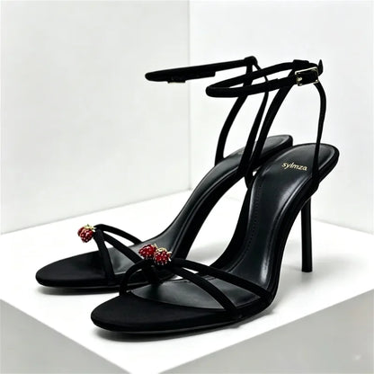 Elegant Cross Straps 10cm Thin High Heels Women Sexy Open Toe Heeled Sandals Luxury String Bead Decoration Party Dress Shoes
