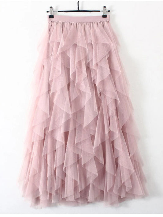 Tutu Tulle Long Maxi Skirt Women Fashion 2022 Korean Cute Pink High Waist Pleated Skirt Mesh Female Lady Aesthetic Faldas