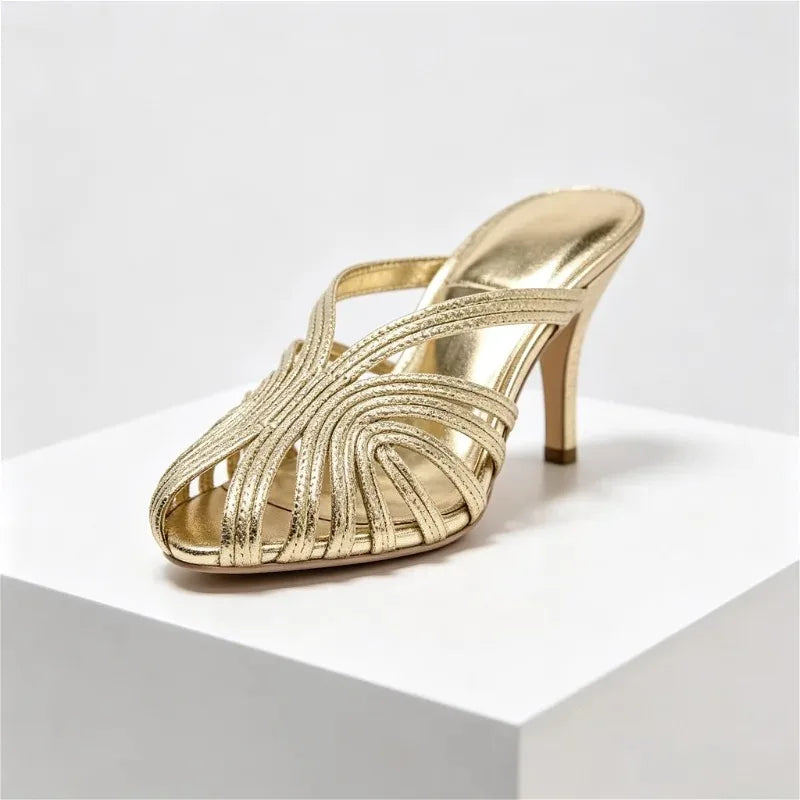 Golden Hollow Muels Sandals Women Sexy Thin High Heels for Ladies Elegant Gladiator Sandals Summer Comfortable Women Slippers