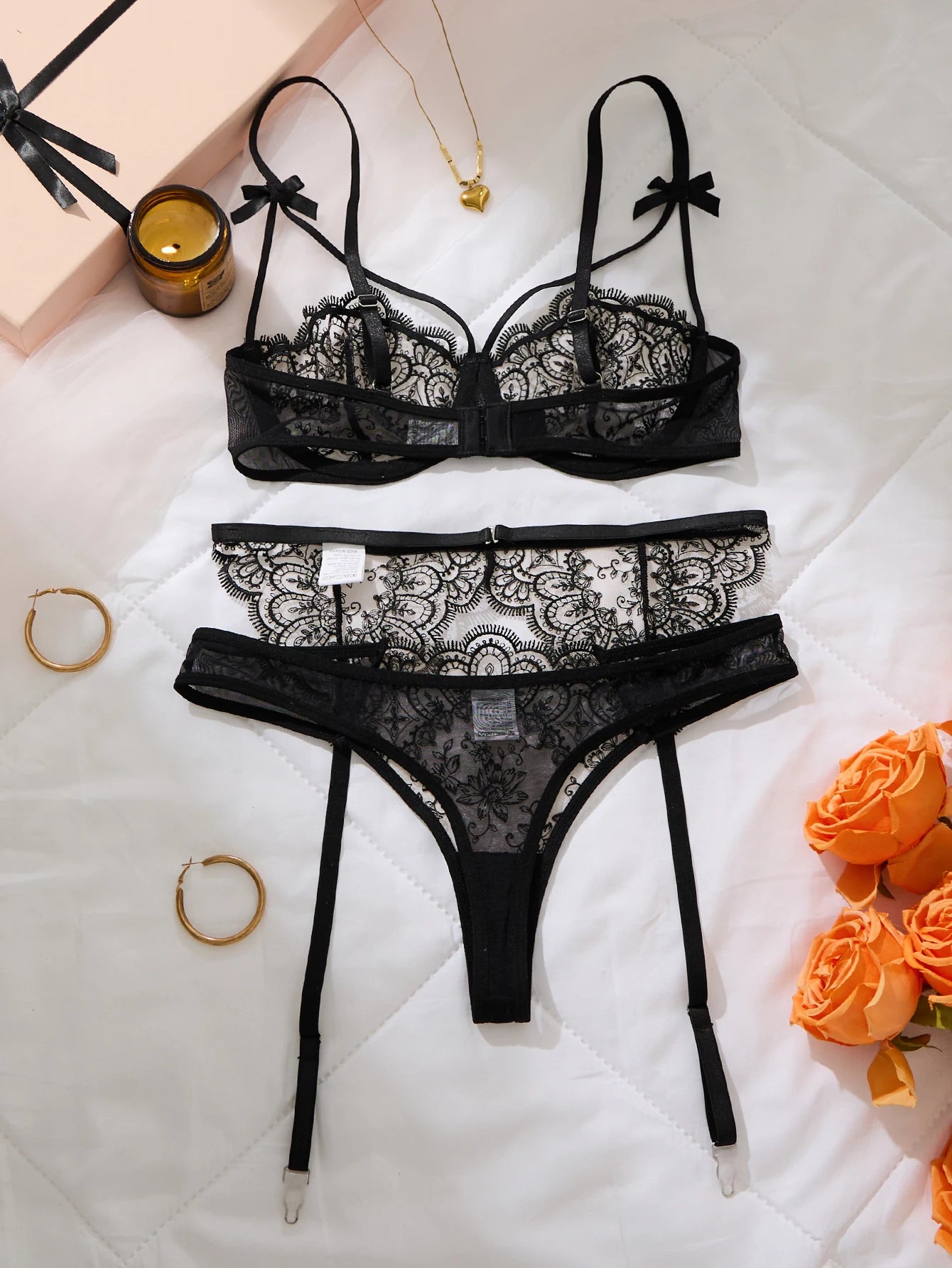 Elegant Black Lace Garter Lingerie Set Floral Embroidery Underwire Bra Sheer Mesh Honeymoon Intimate Sleepwear ZA825205