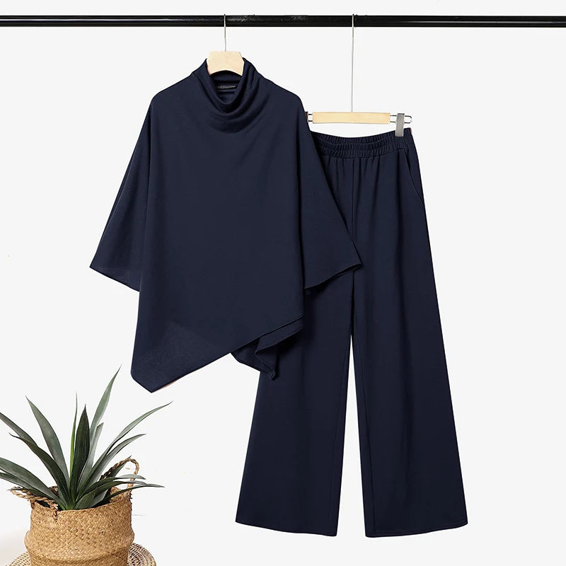 ZANZEA Women Minimalist Pant Sets Autumn Turtleneck 3/4 Sleeve Asymmetrical Hem Blouse & Pant 2pcs Sets Brushed Knit Co-ords