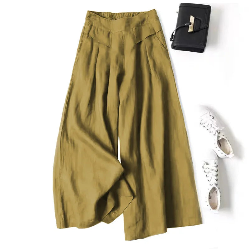 Y2K Lady Nine-point Pants Mid-rise Cotton Linen Wide-leg Large Size Trousers Loose Casual Commuting Daily Wear Tights Sweatpants