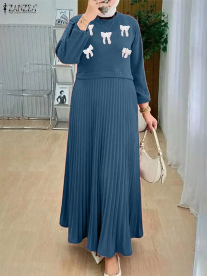 2026 Fashion Muslim Abaya Dress ZANZEA Women Elegant Long Sleeve Patchwork Party Dress Dubai Robe Spring A Line Pleated Sundress