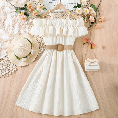 Summer Girl Dress Off Shoulder Fashion Girl Clothes Teenager Beach Dress with Belt Kid Outfits Children Clothing Plus Size Teens