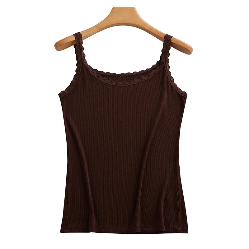 Summer Knitted Ribbed Camisole for Women with Lace Trim, Slim Fit, Suitable for Outerwear or as a Base Layer
