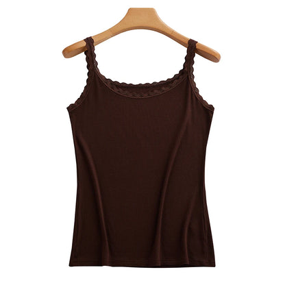 Summer Knitted Ribbed Camisole for Women with Lace Trim, Slim Fit, Suitable for Outerwear or as a Base Layer