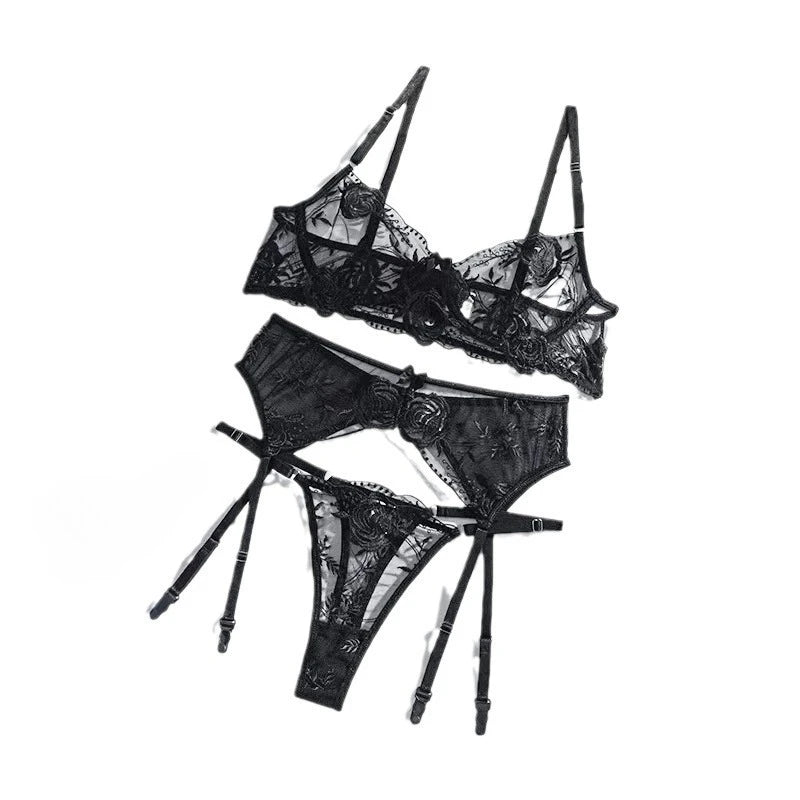 Sexy Butterfly Embroidery Lingerie Set 3 Piece Mesh Lace Bra Panty Garter Belt Women's Erotic Intimate Underwear
