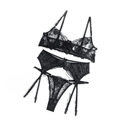 Sexy Butterfly Embroidery Lingerie Set 3 Piece Mesh Lace Bra Panty Garter Belt Women's Erotic Intimate Underwear