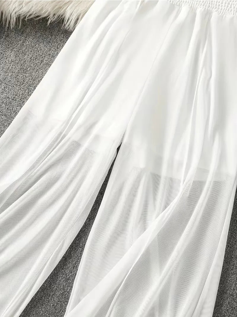 Summer solid color chiffon wide leg pants for women, high waisted, elastic waistband, flowing and slimming, casual pants
