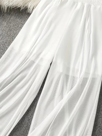 Summer solid color chiffon wide leg pants for women, high waisted, elastic waistband, flowing and slimming, casual pants