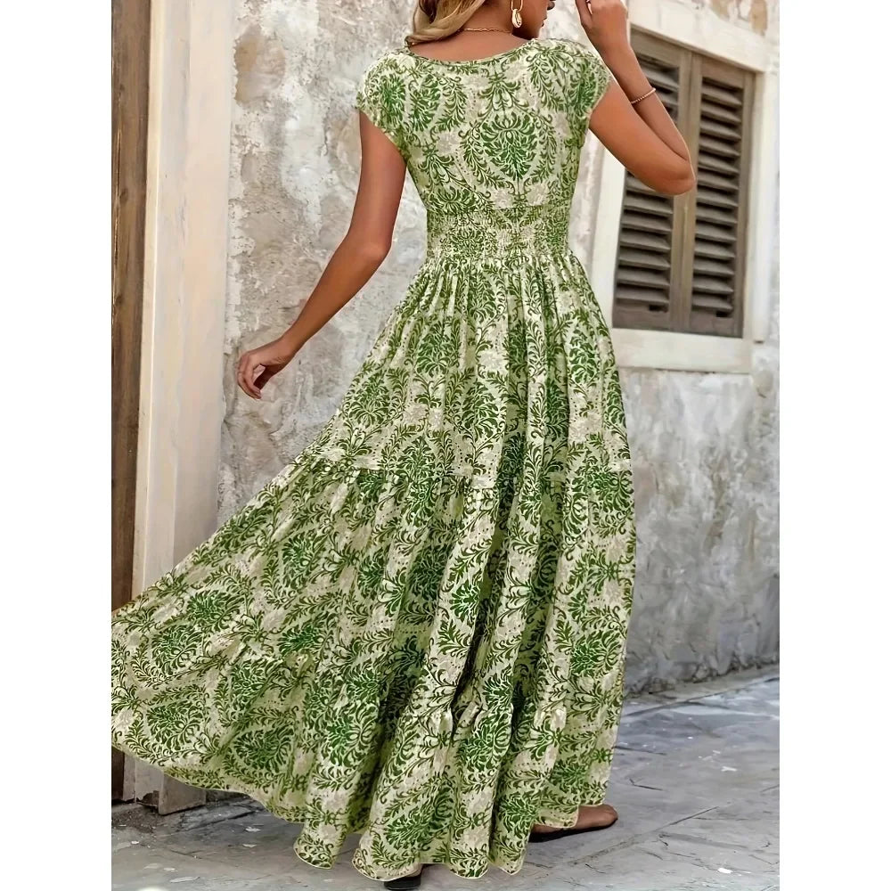 Plus Size Women's Bohemian Floral Print V-Neck Short Sleeve Dress Oversized Ruffled Skirt For Women Casual A-line Long Dresses