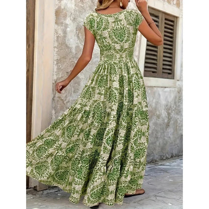 Plus Size Women's Bohemian Floral Print V-Neck Short Sleeve Dress Oversized Ruffled Skirt For Women Casual A-line Long Dresses
