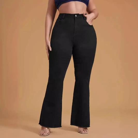Plus Size Women's Jeans Black High Waist Wide Leg Denim Pants Mid Rise Full Length Bottom Jeans Raw Hem Flared Jeans for Woman