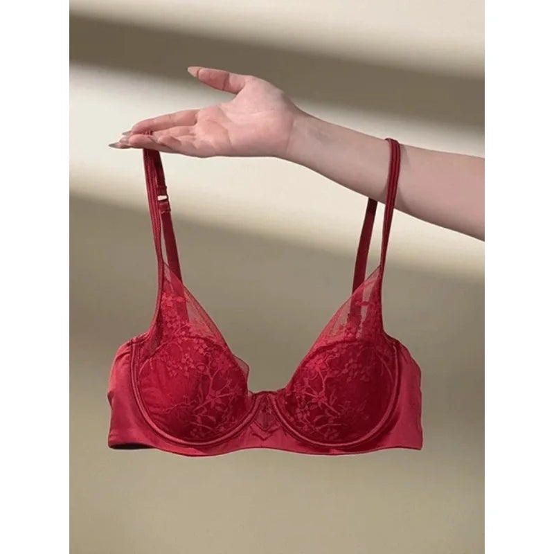 Wedding Dress Bra Set Women Red Birth Year Small Bust Soft Underwire Gathered Thin Lingerie Underwear Suit S-XL Fashion New