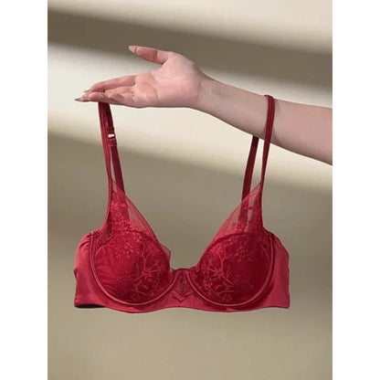 Wedding Dress Bra Set Women Red Birth Year Small Bust Soft Underwire Gathered Thin Lingerie Underwear Suit S-XL Fashion New