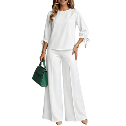 ZANZEA Women Minimalist Pant Sets 3/4 Lantern Sleeve Blouse & Wide Leg Pant Loose 2 Piece Suits Female Commute Work Outfits