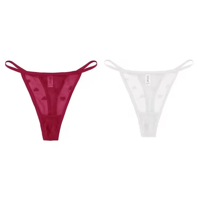 2Pcs Heart See Through Mesh G-String T-Pants Underpants Sexy Lace Sheer Underwear Women's Low Waist  Lingerie Thong Panties