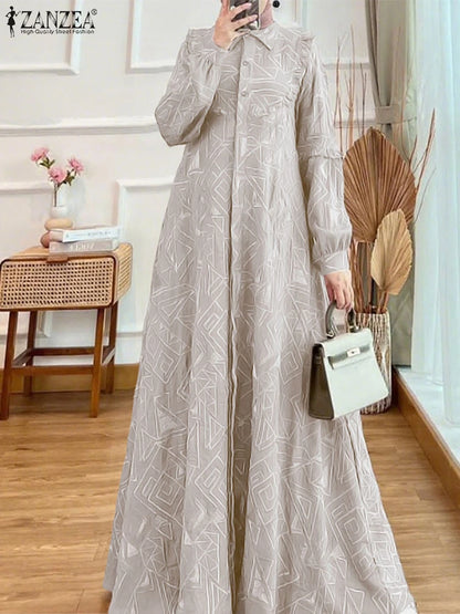 2025 Women Elegant Long Sleeve Printed Sundress ZANZEA Fashion Muslim Abaya Dress Eid Mubarek Robe Femme Turkey Kaftan Vestidos