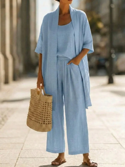 Casual Solid Cotton Linen Loose Vest Shirt Trouser 3pc Set Women Short Sleeve Cardigan Wide Leg Pants Suits Summer Lady Outfits