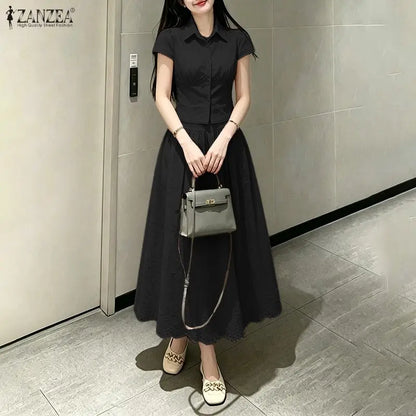 ZANZEA Women's Elegant Chic Skirt Sets Short Sleeve Short Shirt & Embroidered Maxi Skirt 2 Pieces Sets Outfits Korean Fashion