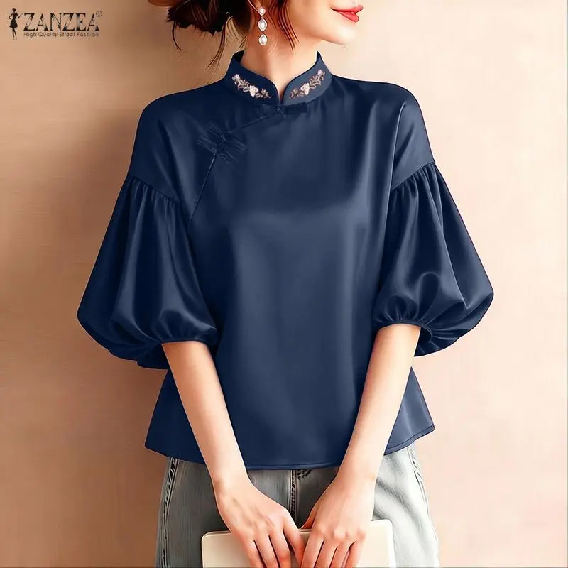 ZANZEA Woman Elegant Satin Blouses Chinese Style Embroidered Detail Mandarin Collar Lantern Sleeves Blusas de Mujer Vintage Tops
