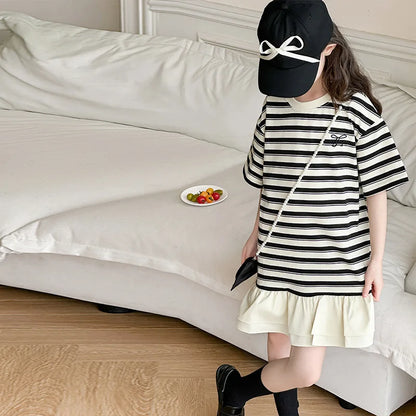 2026 Summer Kids girls cotton patchwork flounce lace striped T-SHIRT Dresses cotton Princess Children 5 6 7 8 10 11 12 13 Years