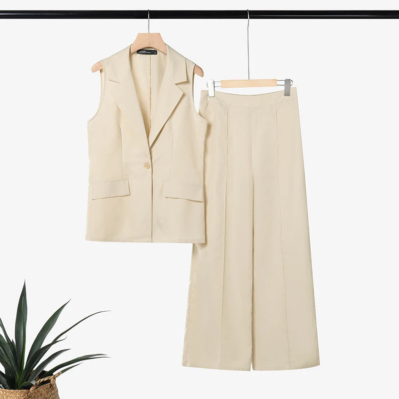 ZANZEA Women's Elegant Matching Pant Sets Summer Lapel Collar Vests Tops & Wide Leg Pants 2 Piece Suits Commute Work Tracksuits