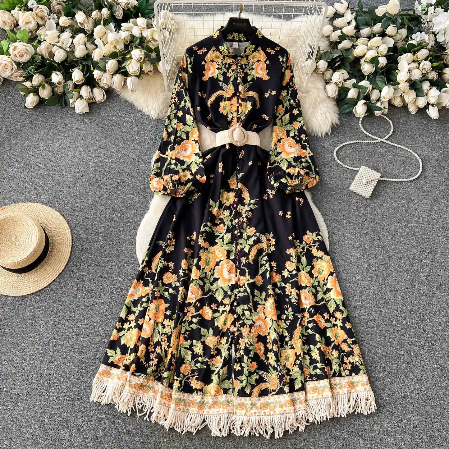 Spring Autumn Women's Dress Vintage Long Sleeve Print Floral High Waist Boho Party Maxi Vestidos Elegant Luxury Long Dresses