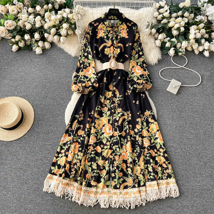 Spring Autumn Women's Dress Vintage Long Sleeve Print Floral High Waist Boho Party Maxi Vestidos Elegant Luxury Long Dresses