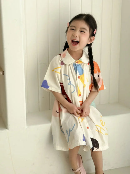 1-8 Y Summer Dress for Girls Adorable Kids Girls Cotton Doodle Print Trendy and Comfort Shirt Dress Perfect Sister Costume