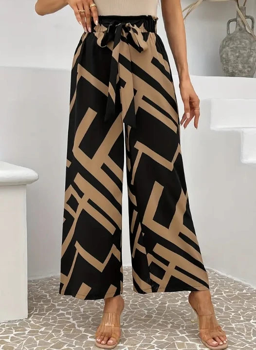 Women's High Waist Geometric Print Wide Leg Pants Bow Tie Casual Long Pants Elegant Streetwear