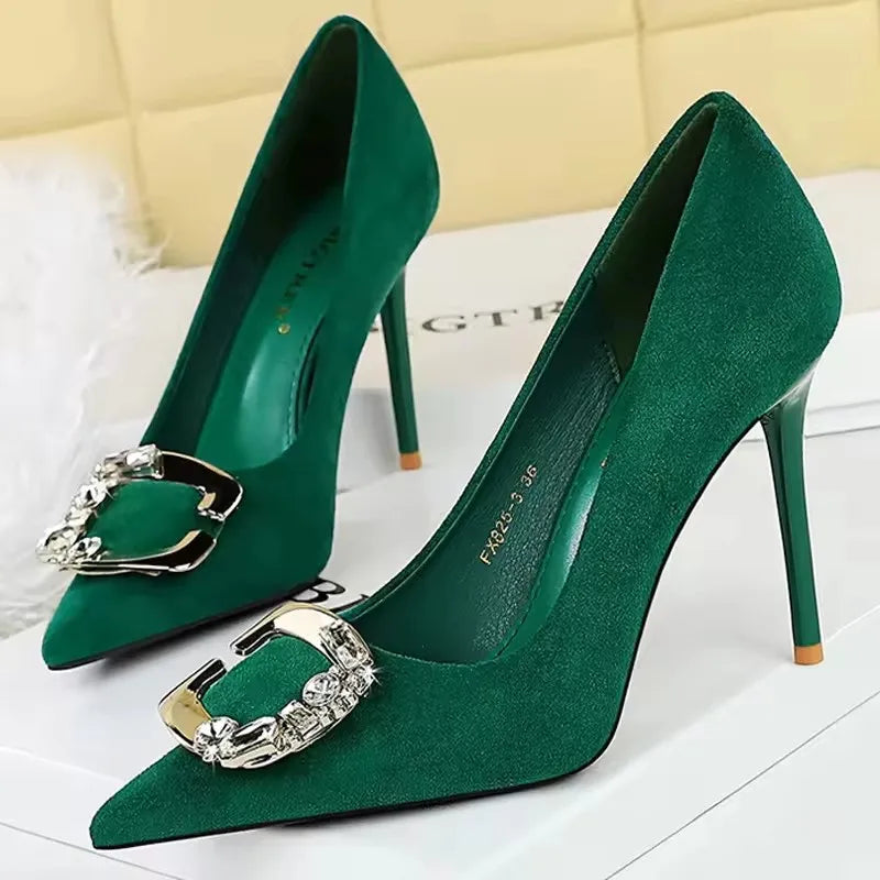 BIGTREE Shoes Metal Rhinestone Belt Buckle Women Pumps Suede High Heels Luxury Banquet Shoes Sexy Party Shoes Women Stilettos