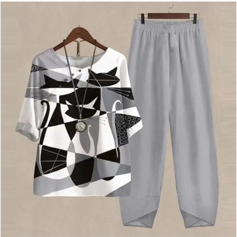 Summer Casual Two Piece Sets Women Loose Short Sleeve T-Shirt High Waist Pants Print Outfits Ladies Elegant Vintage top Pantsuit