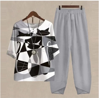 Summer Casual Two Piece Sets Women Loose Short Sleeve T-Shirt High Waist Pants Print Outfits Ladies Elegant Vintage top Pantsuit
